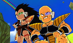 Zwei Charaktere, Raditz und Nappa, stehen in Dragon Ball: Fusions vor einem Regenbogen am blauen Himmel.