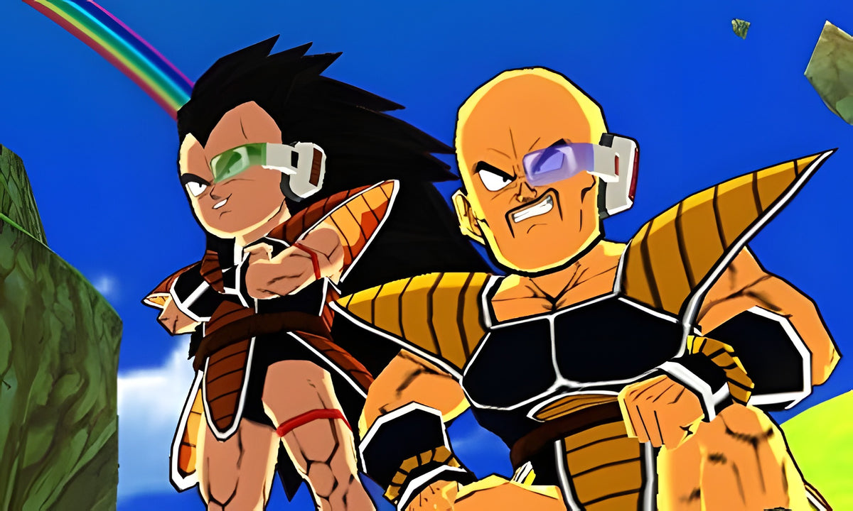 Zwei Charaktere, Raditz und Nappa, stehen in Dragon Ball: Fusions vor einem Regenbogen am blauen Himmel.