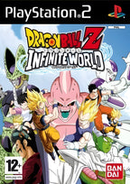 Das Cover von Dragon Ball Z: Infinite World für PS2 zeigt viele Charaktere wie Goku und Vegeta im Kampf, mit PEGI 12 Siegel.