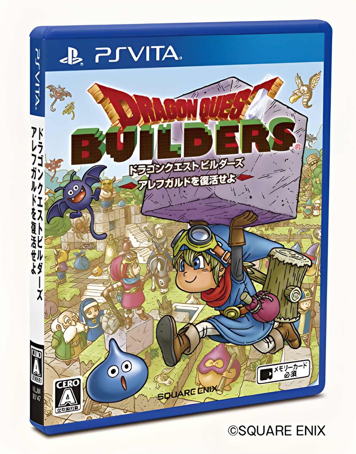Die Vorderseite von Dragon Quest Builders [Standard] ist schräg fotografiert und zeigt den Titel und das CERO A Siegel.