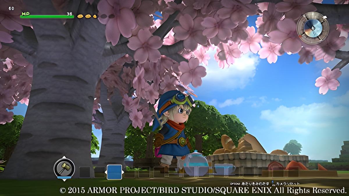 Eine Spielfigur in Dragon Quest Builders [Standard] steht unter einem Kirschblütenbaum mit Menüanzeigen.