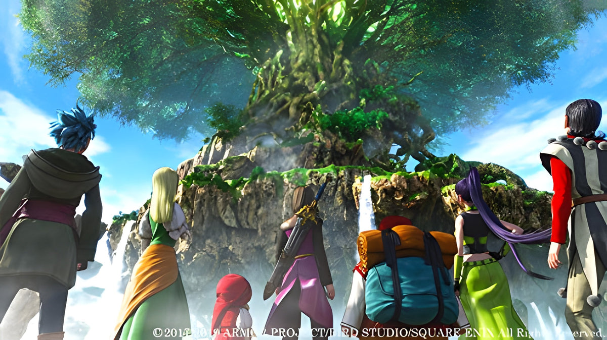 Die Heldengruppe in Dragon Quest XI: Echoes of an Elusive Age S blickt auf einen riesigen Weltbaum.