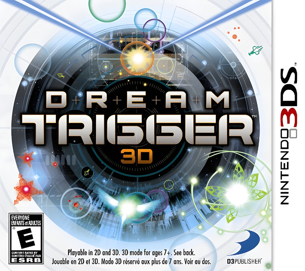 Das Cover von Dream Trigger 3D für Nintendo 3DS mit dem Titel, einem abstrakten Motiv und USK ab 0.