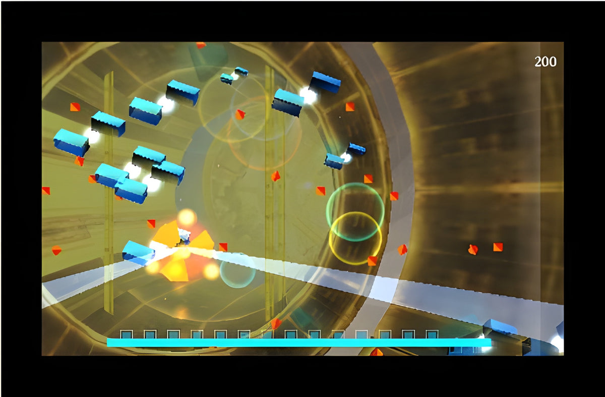 Eine Spielszene aus Dream Trigger 3D zeigt blaue Blöcke in einem gelben Tunnel, die angegriffen werden.