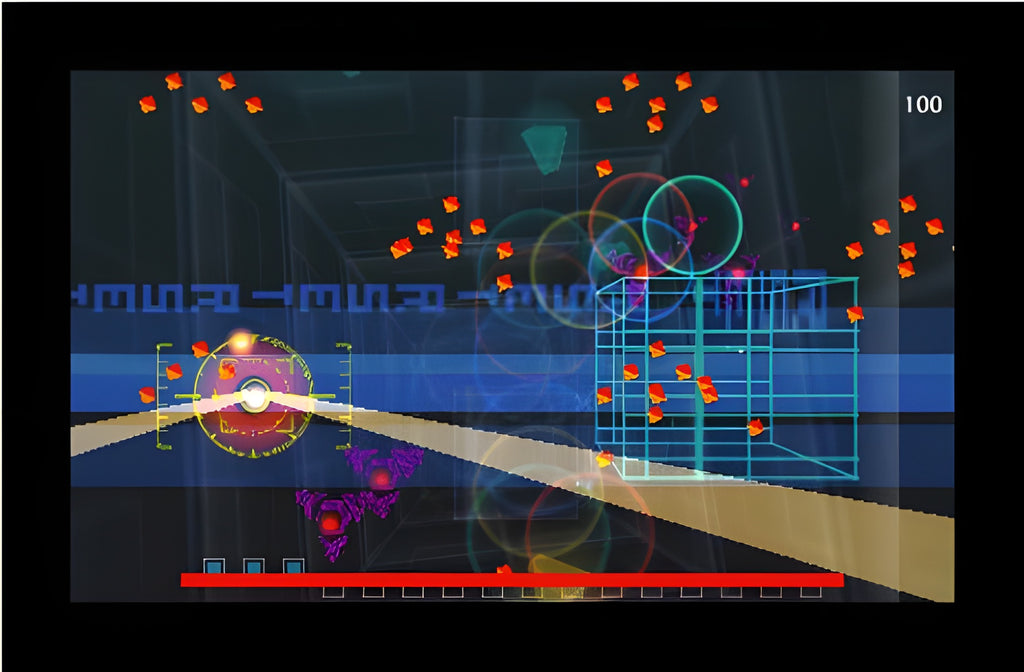 In Dream Trigger 3D schießt ein Laser auf einen blauen Kubus, umgeben von roten Partikeln.