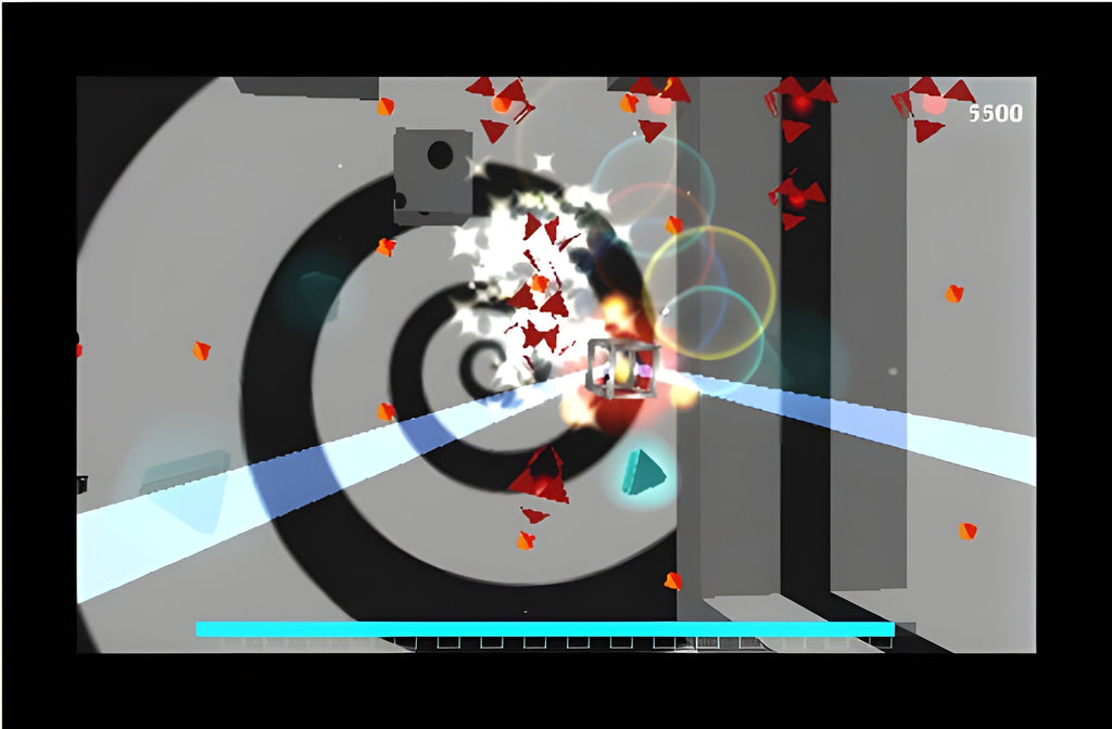 Eine Explosion mit vielen Partikeln ist in Dream Trigger 3D vor einem Spiralmuster zu sehen.
