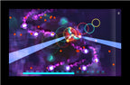 Ein Raumschiff fliegt in Dream Trigger 3D durch einen violetten Nebel mit Lichtstrahlen.