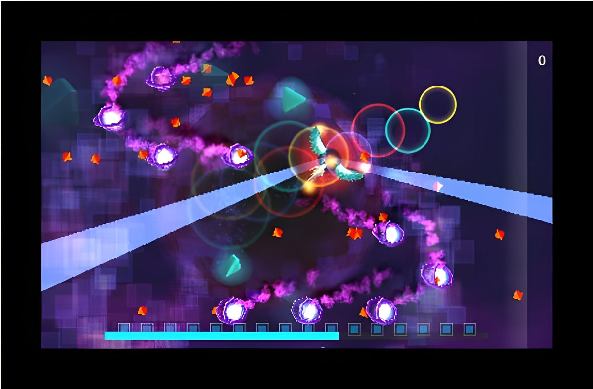 Ein Raumschiff fliegt in Dream Trigger 3D durch einen violetten Nebel mit Lichtstrahlen.