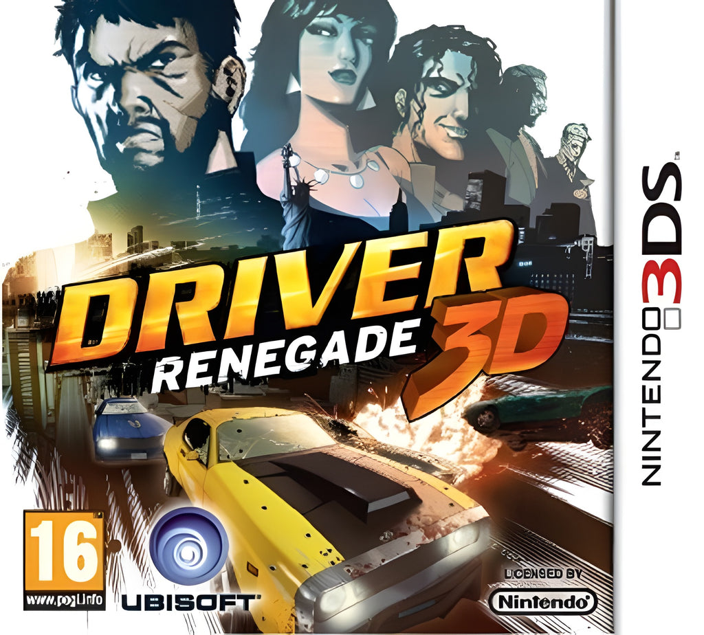 Das Cover von Driver Renegade 3D für Nintendo 3DS mit PEGI 16 Siegel zeigt mehrere Charaktere und ein gelbes Muscle-Car.