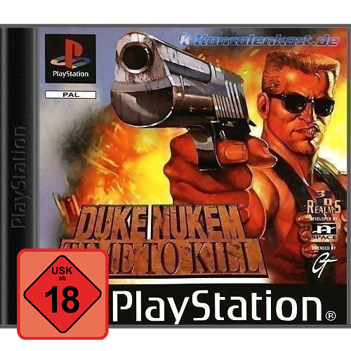 Duke Nukem: Time to Kill für PS1 mit USK ab 18 Siegel, zeigt Duke Nukem mit einer Pistole vor Flammen.