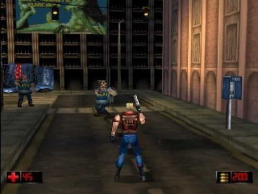 Duke Nukem kämpft auf einer Stadtstraße gegen zwei Gegner, Gebäude im Hintergrund.
