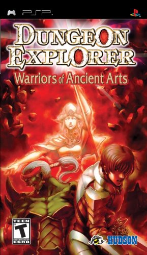 Das Cover von Dungeon Explorer: Warrior of Ancient Arts für PSP zeigt drei Krieger vor rotem Hintergrund mit ESRB Teen.