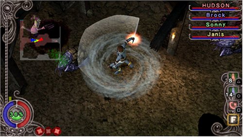 In Dungeon Explorer: Warrior of Ancient Arts führt ein Spielercharakter eine Wirbelattacke aus.