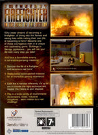 Die Rückseite von Emergency Firefighter zeigt drei kleine Spielszenen mit Bränden und Textbeschreibungen. PEGI 7.
