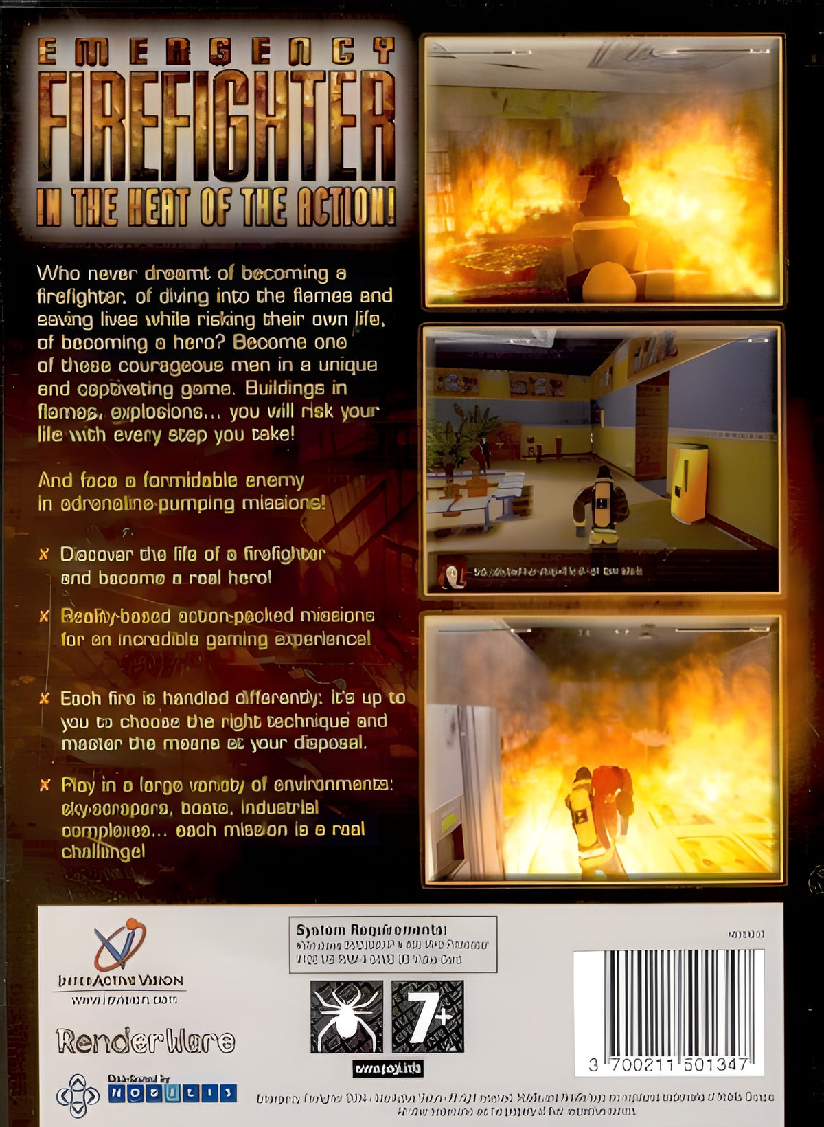 Die Rückseite von Emergency Firefighter zeigt drei kleine Spielszenen mit Bränden und Textbeschreibungen. PEGI 7.