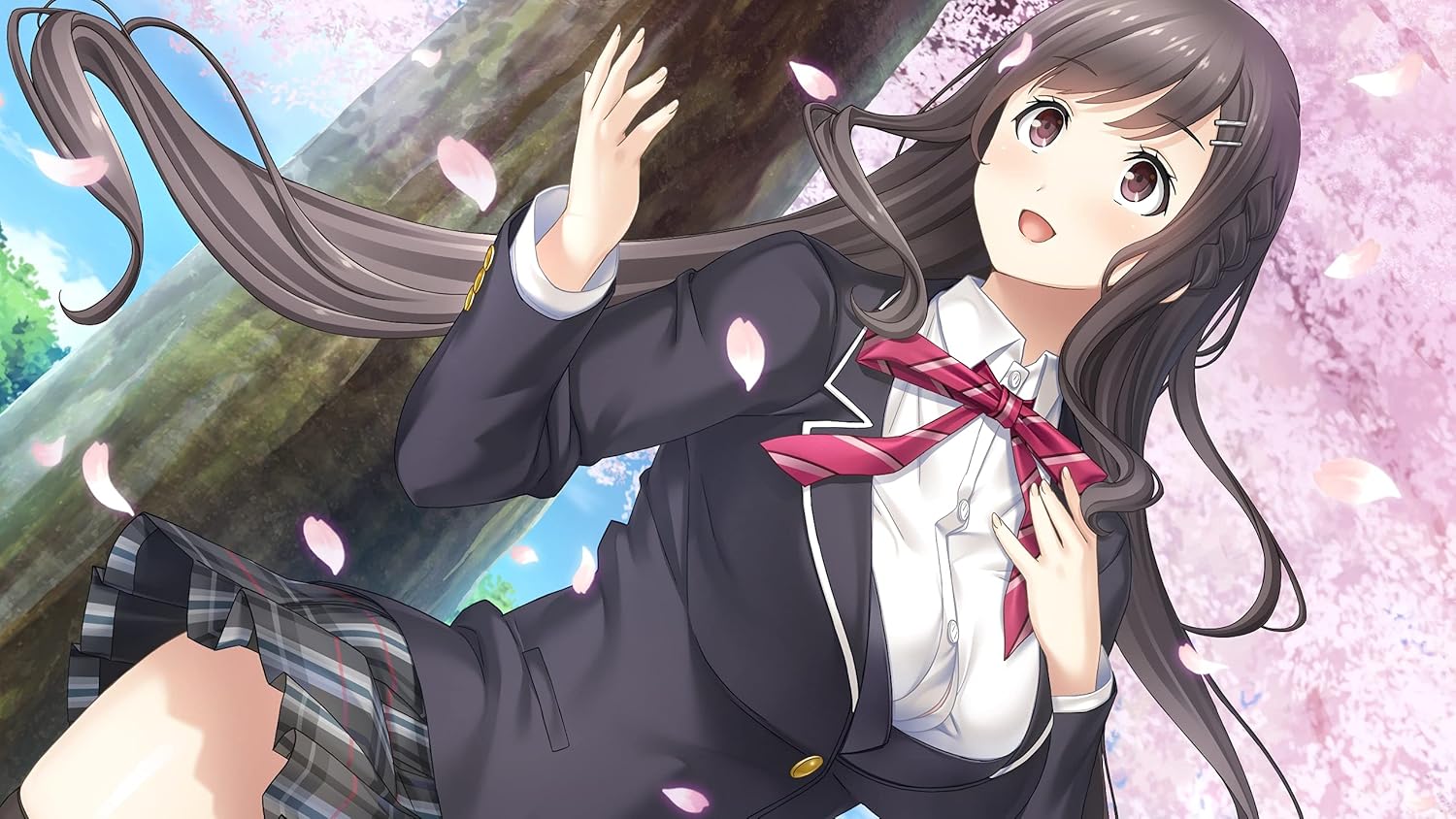 Eine junge Frau in Schuluniform genießt die fallenden Kirschblüten in Entergram: Full Kiss SS.