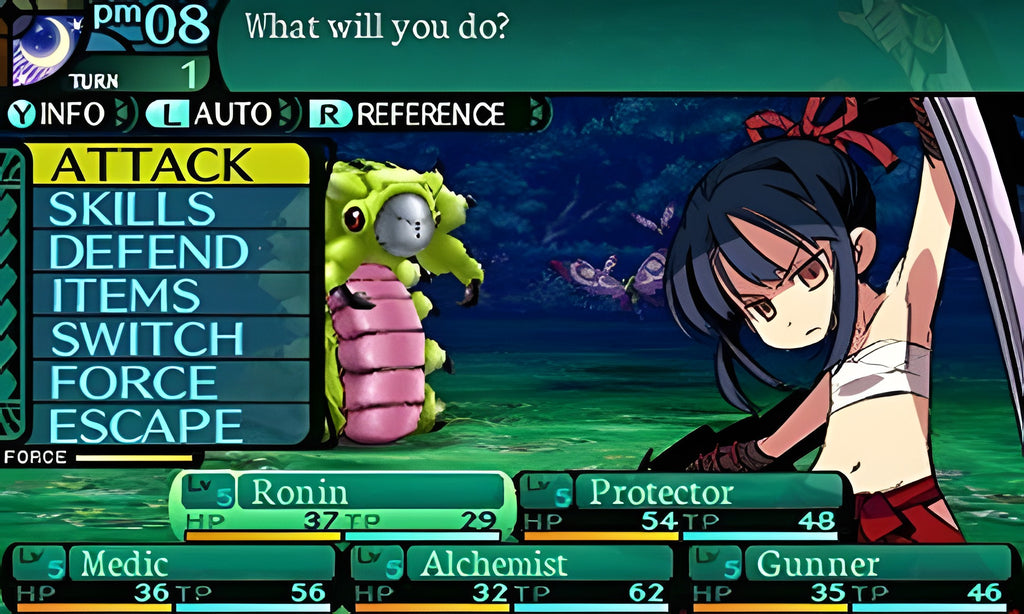 Ein Kampfmenü mit verschiedenen Charakteren und einem grünen Monster in Etrian Odyssey 2 Untold: The Fafnir Knight.