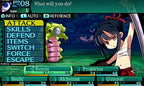 Ein Kampfmenü mit verschiedenen Charakteren und einem grünen Monster in Etrian Odyssey 2 Untold: The Fafnir Knight.