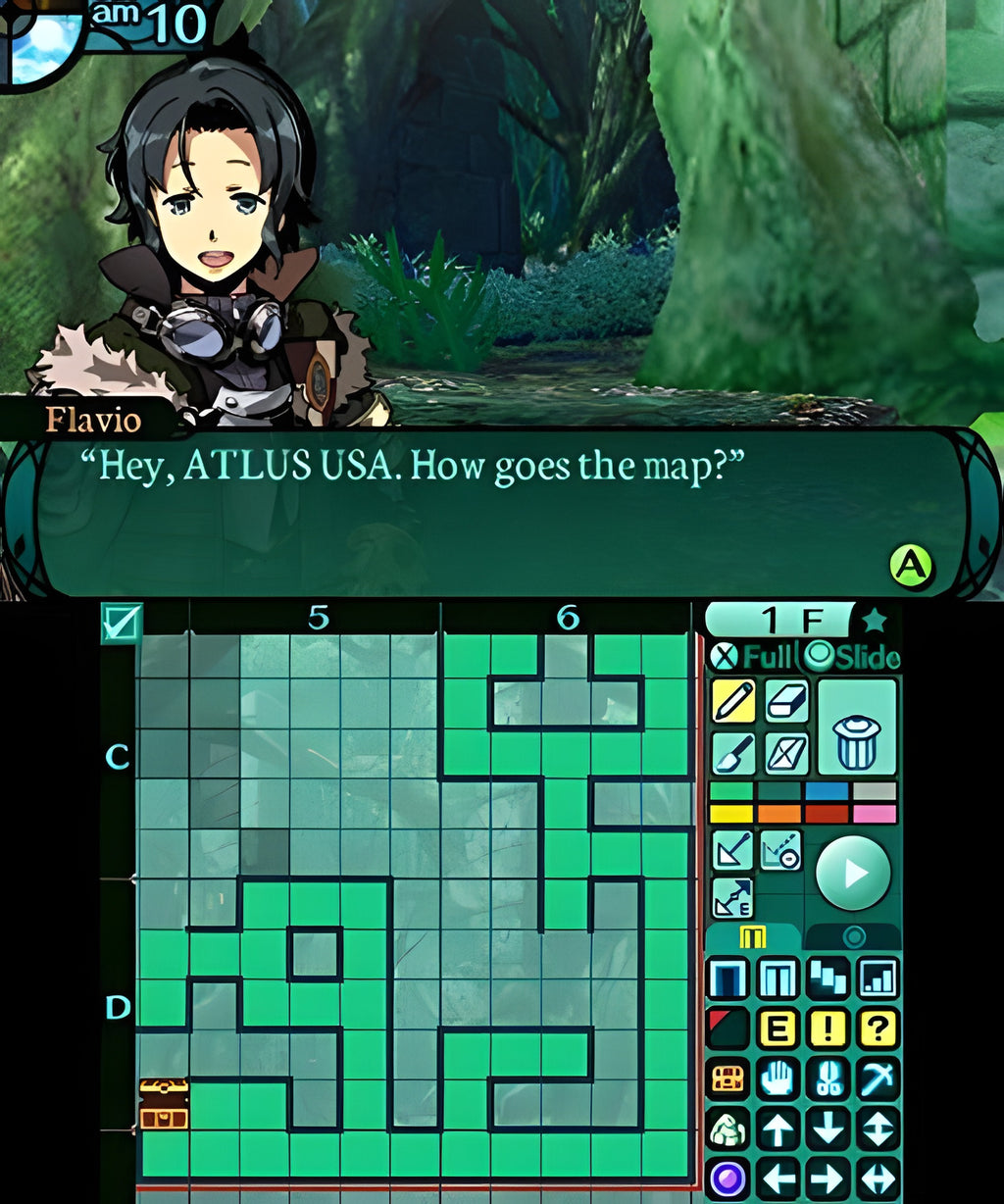 In Etrian Odyssey 2 Untold: The Fafnir Knight zeichnet Flavio eine Karte des Dungeons.