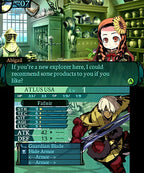 Etrian Odyssey 2 Untold: The Fafnir Knight zeigt ein Charakterstatus-Menü und eine Dialogszene.