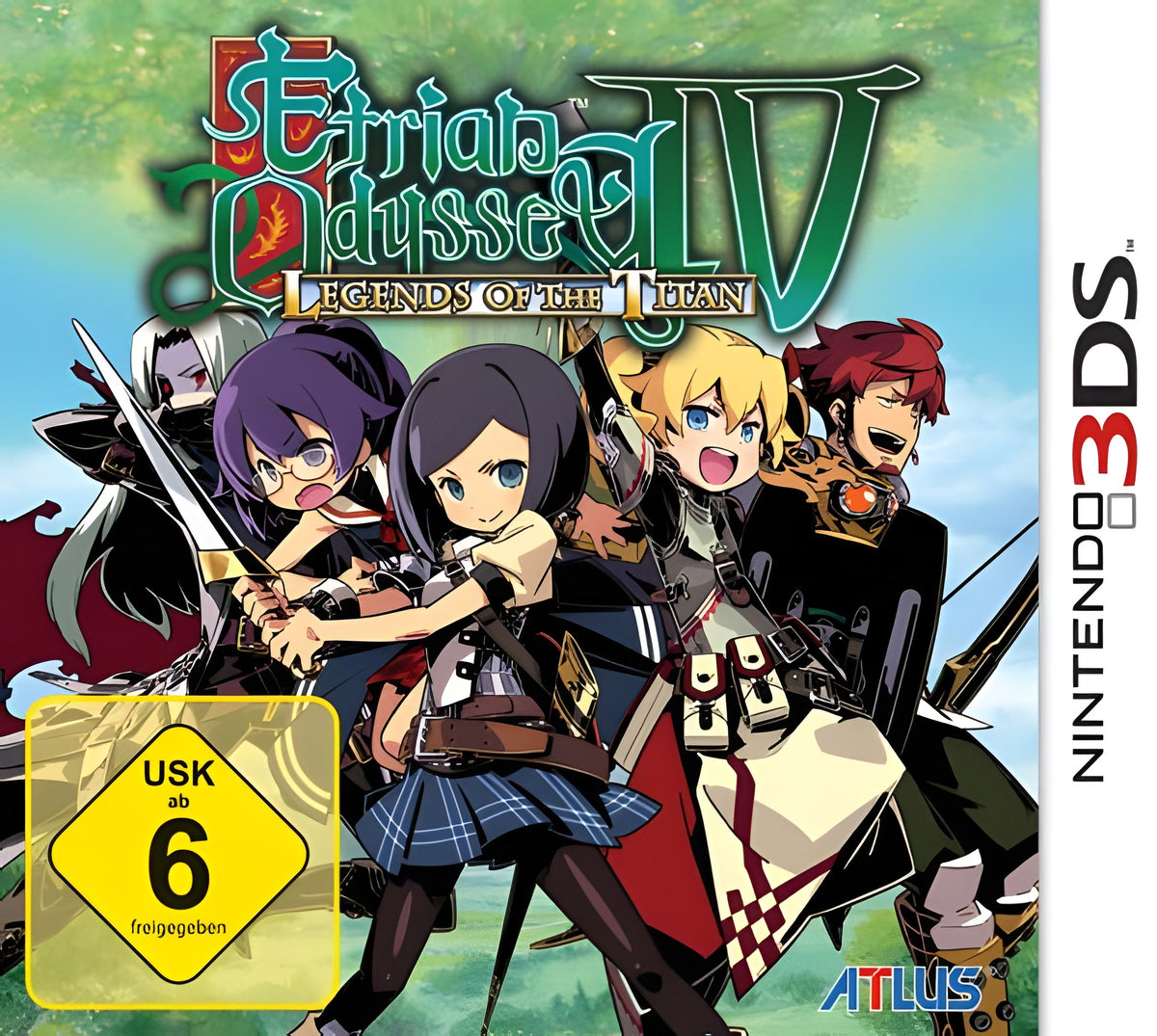 Das Cover von Etrian Odyssey IV: Legends of the Titan für Nintendo 3DS zeigt vier Charaktere und das USK ab 6 Siegel.