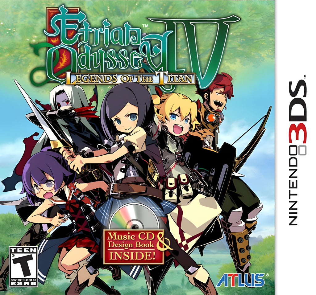 Das Cover von Etrian Odyssey IV: Legends of the Titan für Nintendo 3DS zeigt fünf Fantasy-Charaktere und das ESRB T-Siegel.