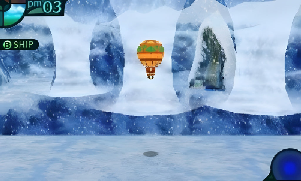 In Etrian Odyssey IV: Legends of the Titan fliegt ein Heißluftballon durch eine eisige Welt.