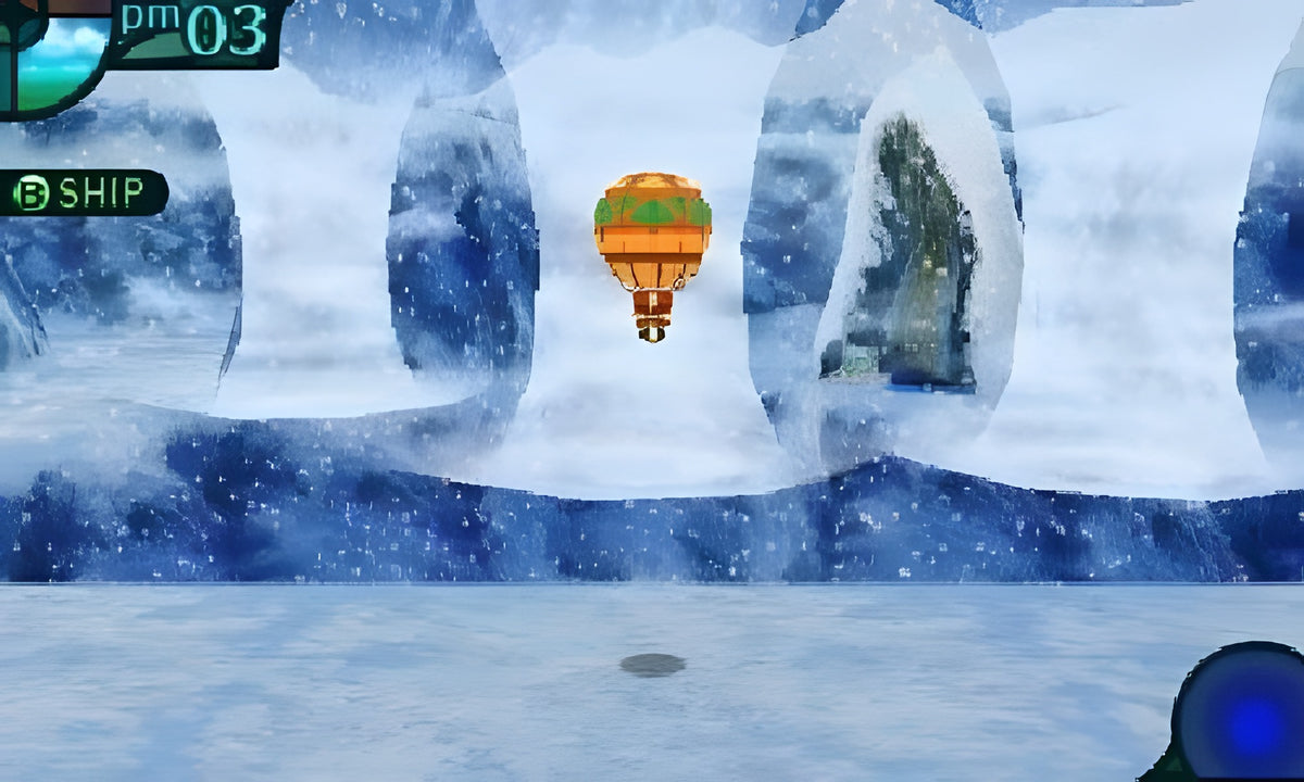 In Etrian Odyssey IV: Legends of the Titan fliegt ein Heißluftballon durch eine eisige Welt.
