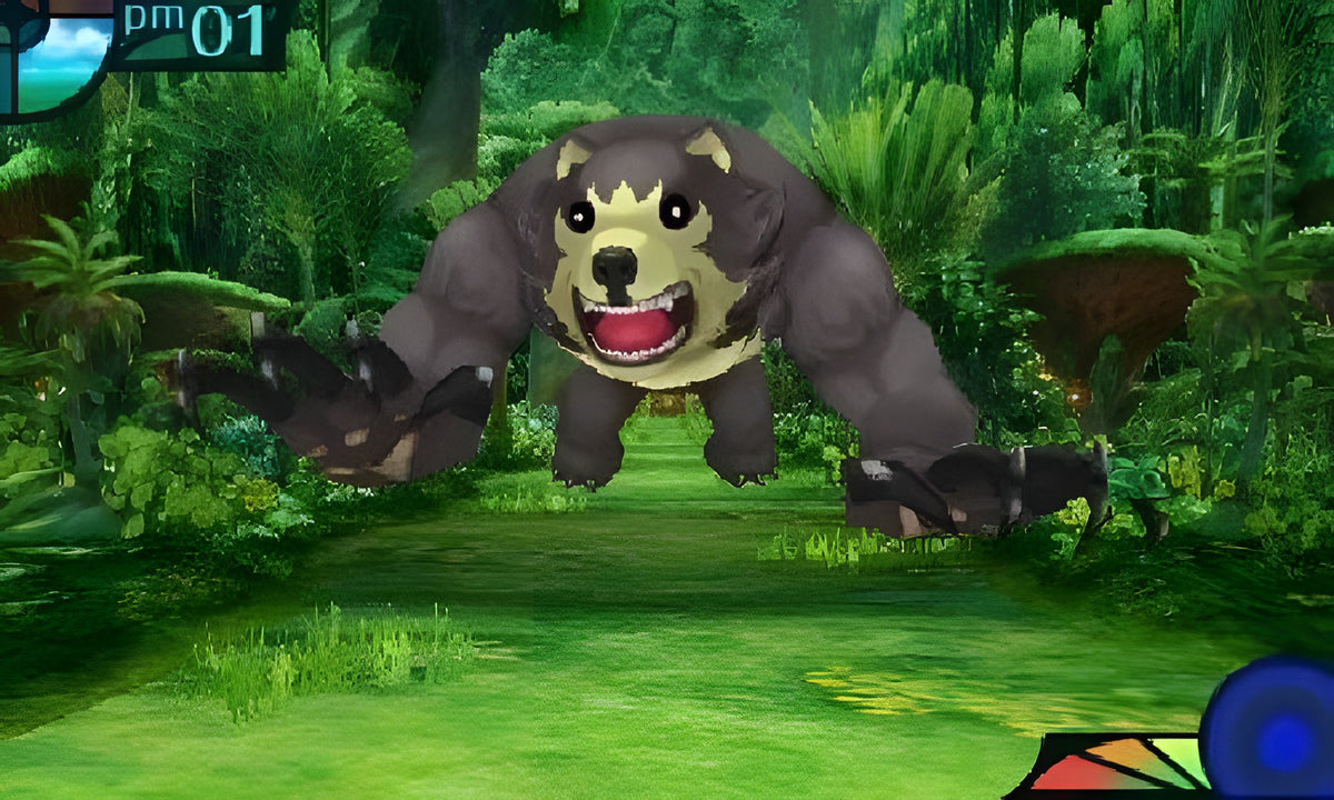 Ein großer Bär greift in Etrian Odyssey IV: Legends of the Titan in einem Dschungel an.