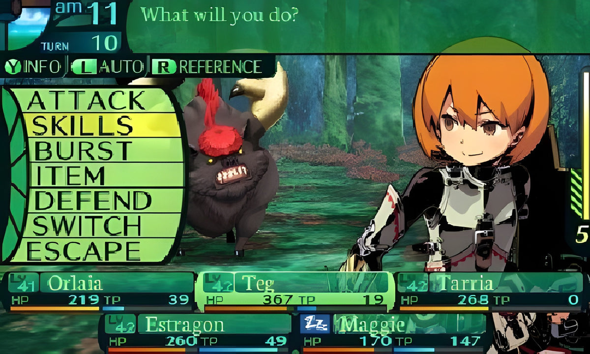 In Etrian Odyssey IV: Legends of the Titan kämpft ein Mädchen mit orangefarbenen Haaren gegen ein Schwein.