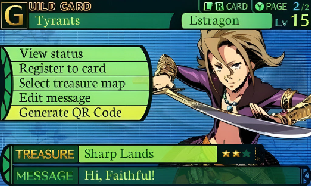 Das Gildenkarte-Menü in Etrian Odyssey IV: Legends of the Titan zeigt einen Charakter mit Schwert.