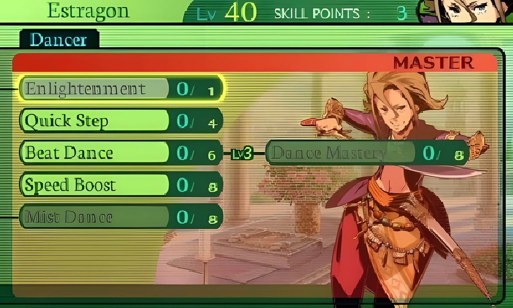 Das Fähigkeitenmenü von Etrian Odyssey IV: Legends of the Titan zeigt die Optionen Enlightenment und Quick Step.
