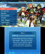 Die Charakterauswahl in Etrian Odyssey Nexus zeigt verschiedene Klassen und deren Beschreibung.