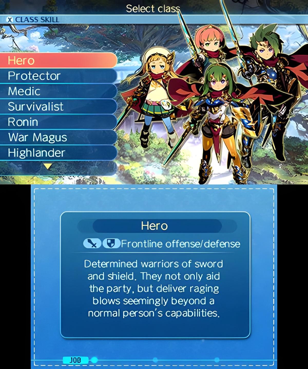 Die Charakterauswahl in Etrian Odyssey Nexus zeigt verschiedene Klassen und deren Beschreibung.