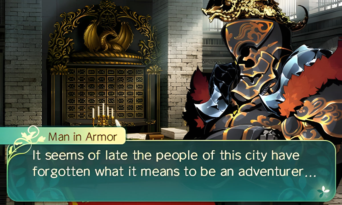 In Etrian Odyssey V: Beyond the Myth spricht ein Mann in Rüstung in einem Dialogfenster.