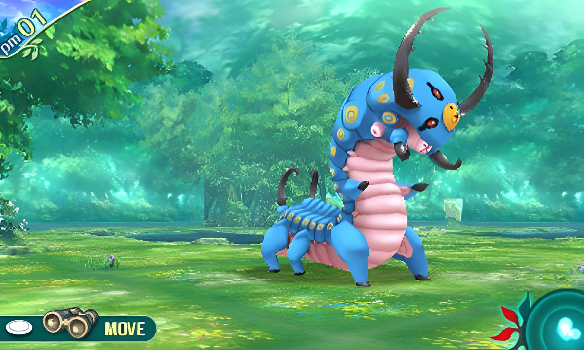 In Etrian Odyssey V: Beyond the Myth ist eine blaue Riesenraupe in einem grünen Wald zu sehen.