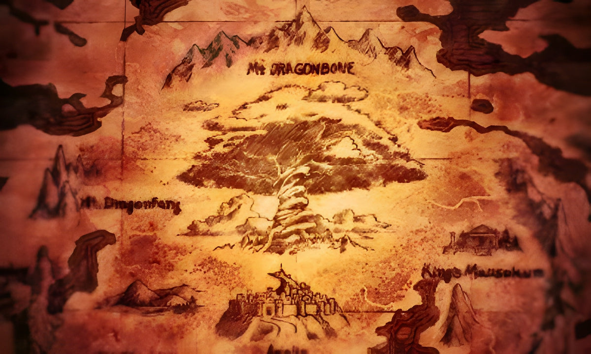 Die Weltkarte von Etrian Odyssey V: Beyond the Myth zeigt Berge und eine grosse Baumformation.
