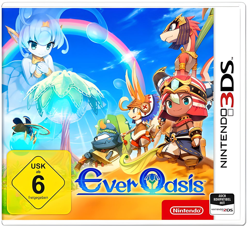 Das Cover von Ever Oasis für Nintendo 3DS zeigt eine Gruppe von Figuren vor einem Regenbogen, USK ab 6.
