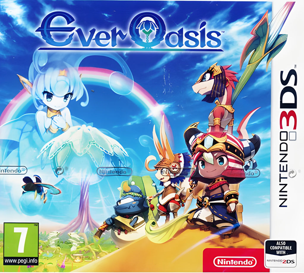 Das Cover von Ever Oasis für Nintendo 3DS zeigt mehrere Charaktere vor einem Regenbogen, PEGI 7.