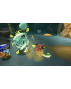 In Ever Oasis für Nintendo 3DS greift eine große, hellblaue Katze einen kleinen roten Gegner in einem Dungeon an.