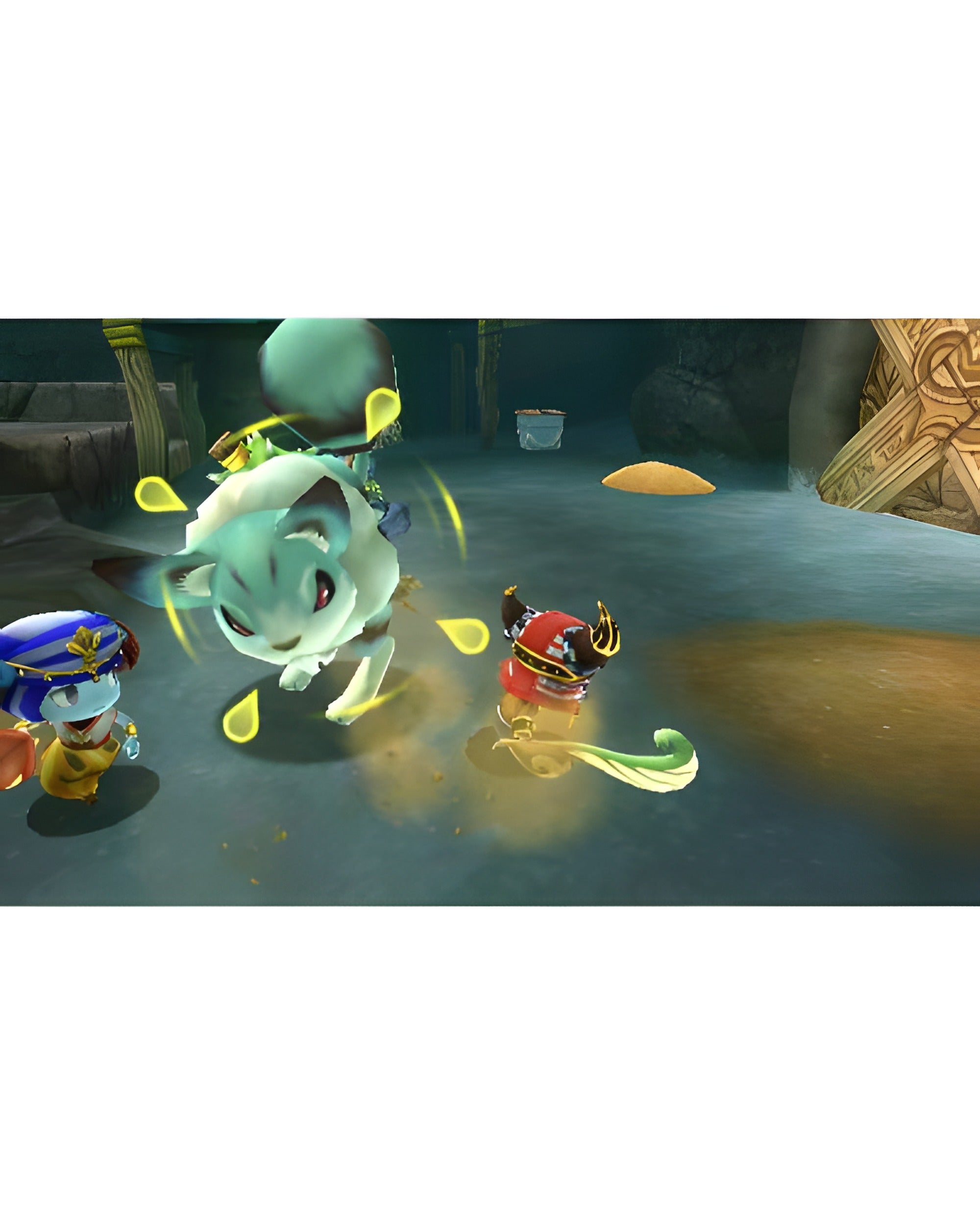 In Ever Oasis für Nintendo 3DS greift eine große, hellblaue Katze einen kleinen roten Gegner in einem Dungeon an.