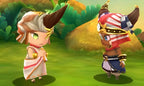 Zwei Charaktere mit Hörnern unterhalten sich in Ever Oasis in einer grünen Landschaft.
