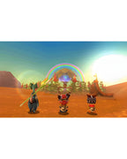 Drei verschiedene Figuren stehen in Ever Oasis für Nintendo 3DS vor einem Regenbogen in einer Wüstenlandschaft.