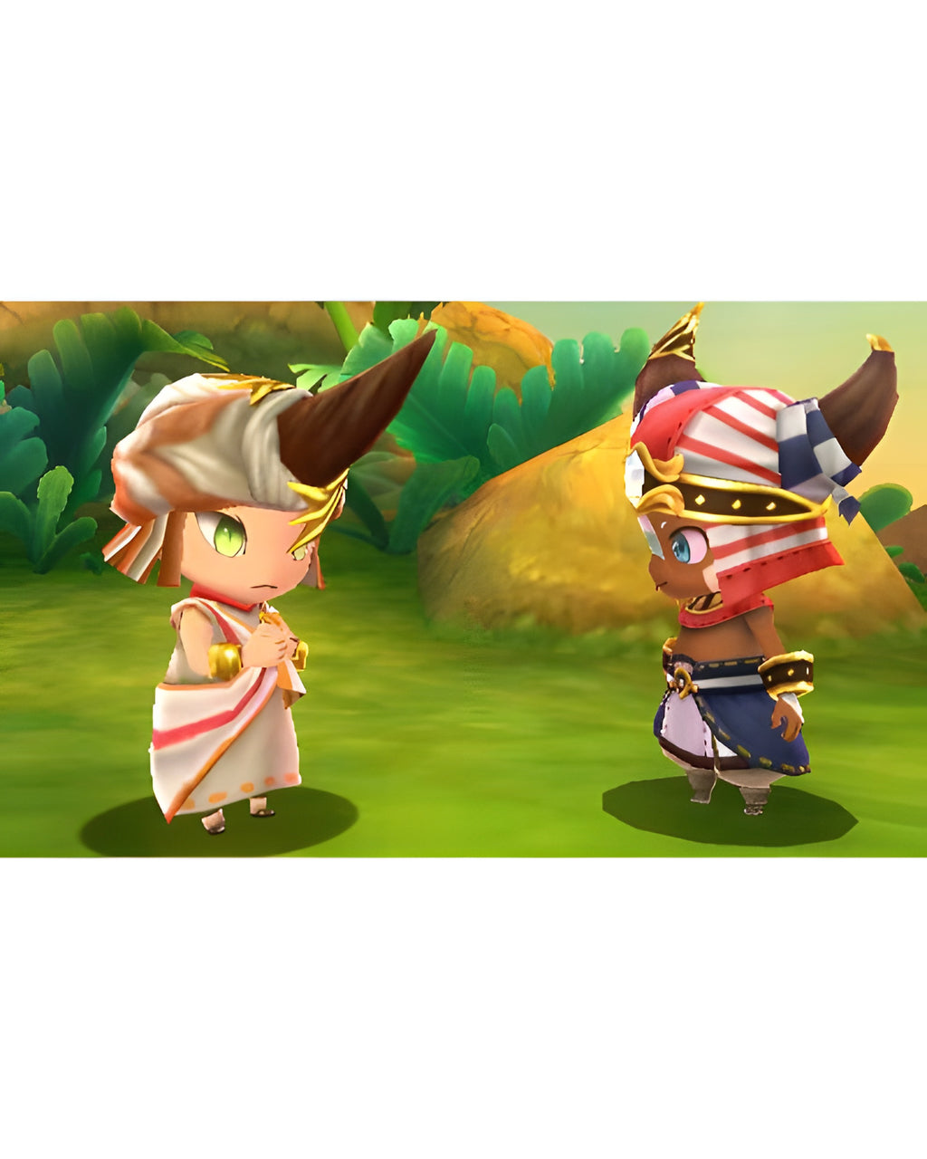 Zwei Figuren mit Hörnern auf dem Kopf stehen sich in Ever Oasis für Nintendo 3DS in einem Dialog gegenüber.