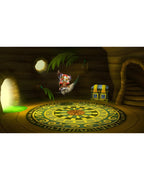 Eine Figur sitzt in Ever Oasis für Nintendo 3DS auf einer Schaukel in einem Baumhausraum mit einer Truhe.