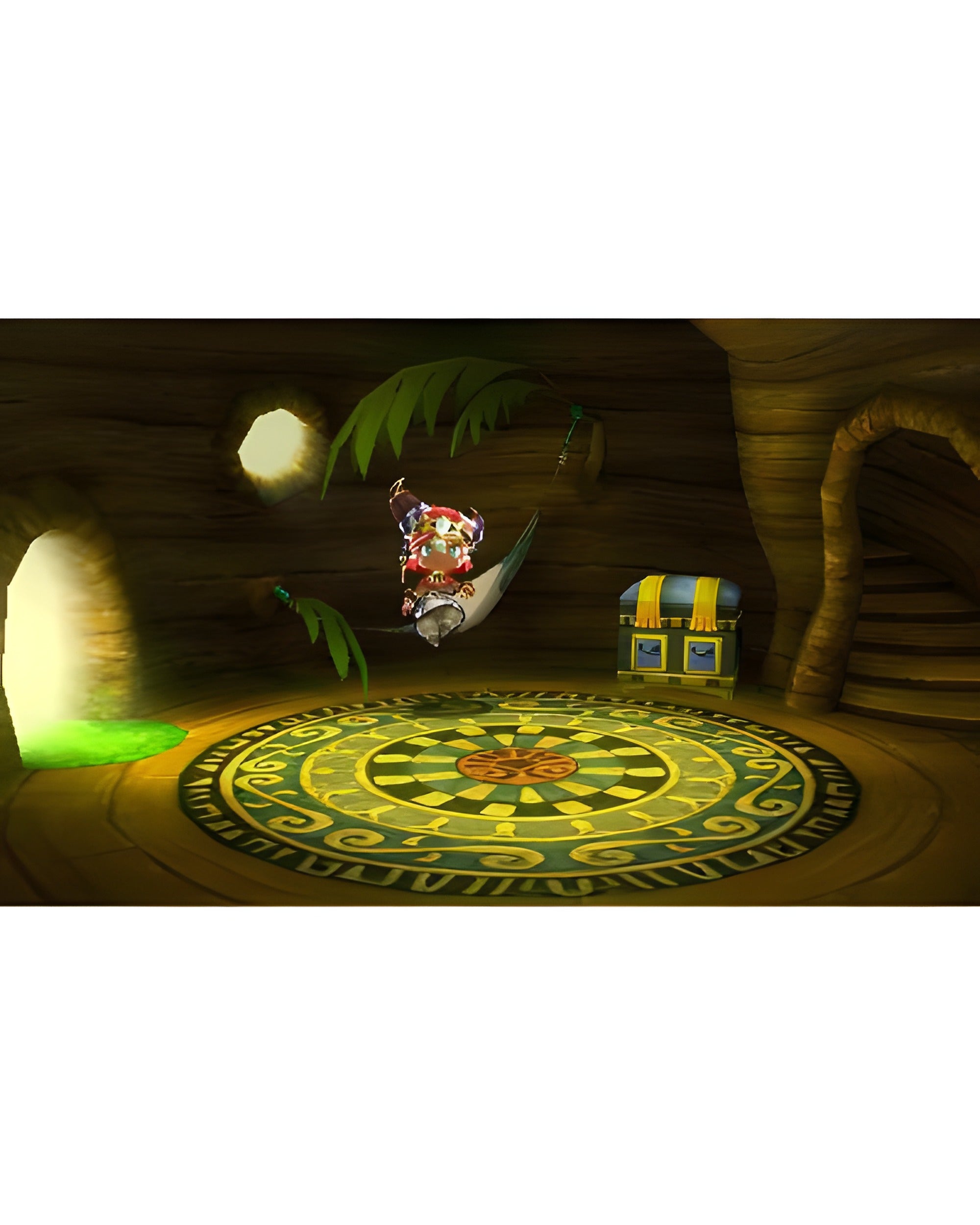 Eine Figur sitzt in Ever Oasis für Nintendo 3DS auf einer Schaukel in einem Baumhausraum mit einer Truhe.