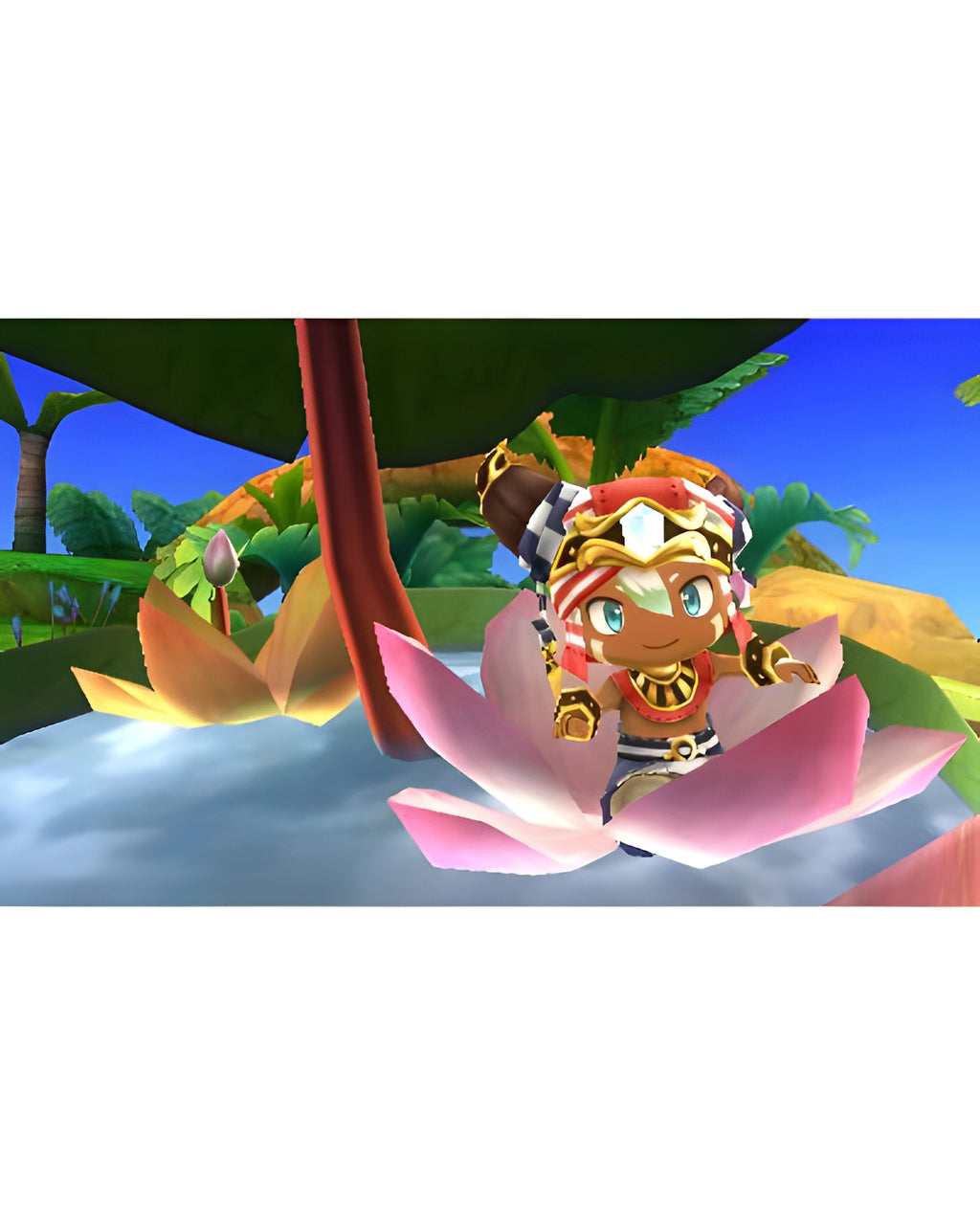 Eine Figur aus Ever Oasis für Nintendo 3DS sitzt in einer großen rosa Lotusblüte, die auf dem Wasser schwimmt.