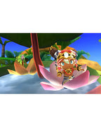 Eine Figur aus Ever Oasis für Nintendo 3DS sitzt in einer großen rosa Lotusblüte, die auf dem Wasser schwimmt.