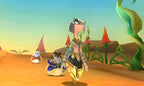 Eine Gruppe von drei Charakteren durchquert in Ever Oasis eine weite Wüstenlandschaft.