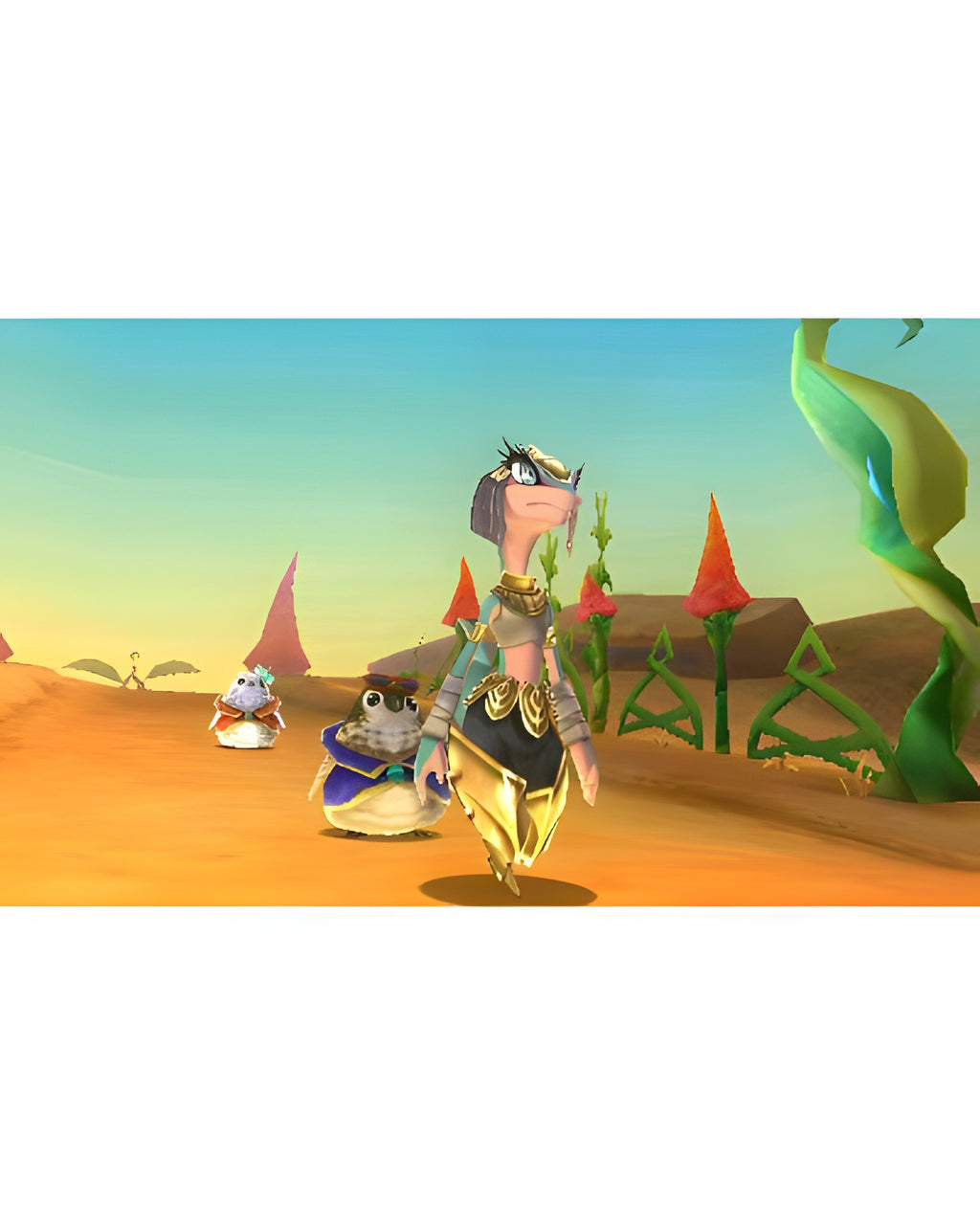 Eine schlangenähnliche Figur und zwei kleine Begleiter durchqueren die Wüste in Ever Oasis für Nintendo 3DS.